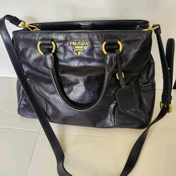 Prada Leather Bag Vitello Shine Blue&Black - Picture 1 of 4